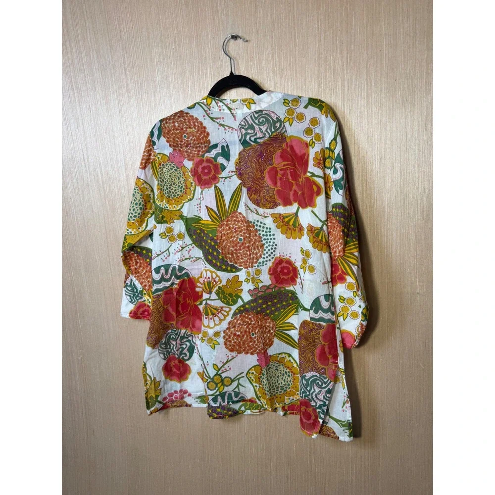 Dolma Womens Large Floral Split V-Neck Tunic Top Long Sleeve White Multicolor - Picture 6 of 6